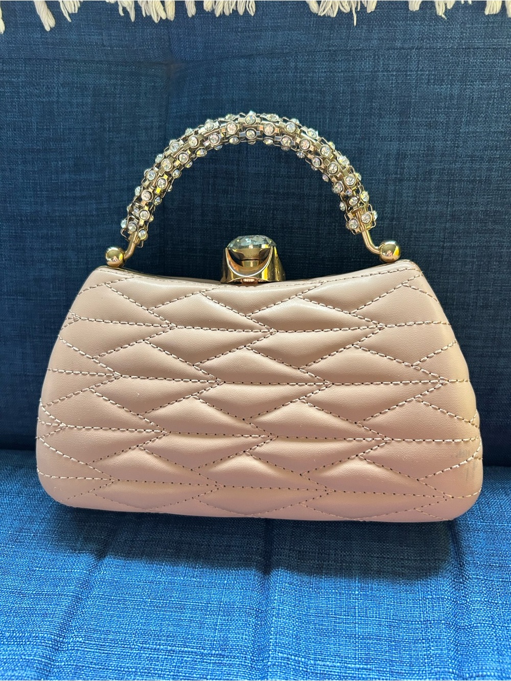 NWOT Quilted Blush Top-Handle Bag with Crystal Accents